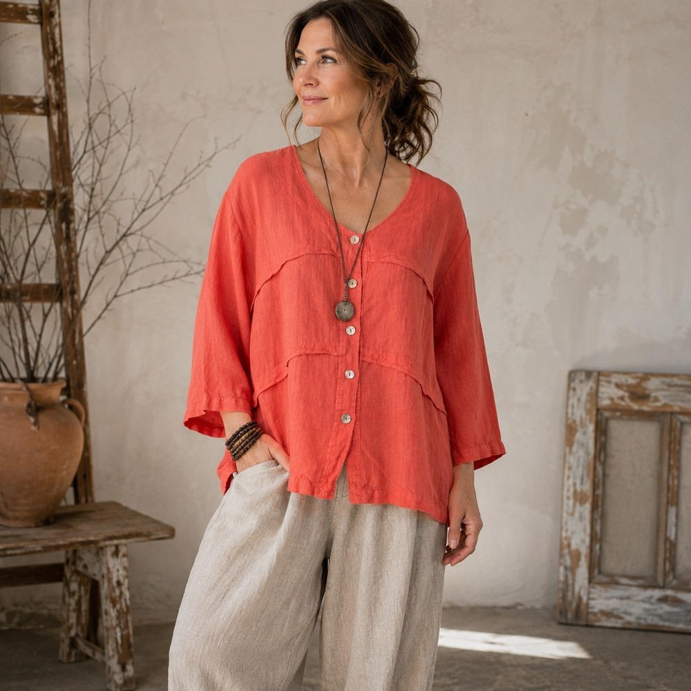 Vintage Mosaic USA‎ Linen Top Sz M Coral Button Front Artsy Lagenlook Oversized